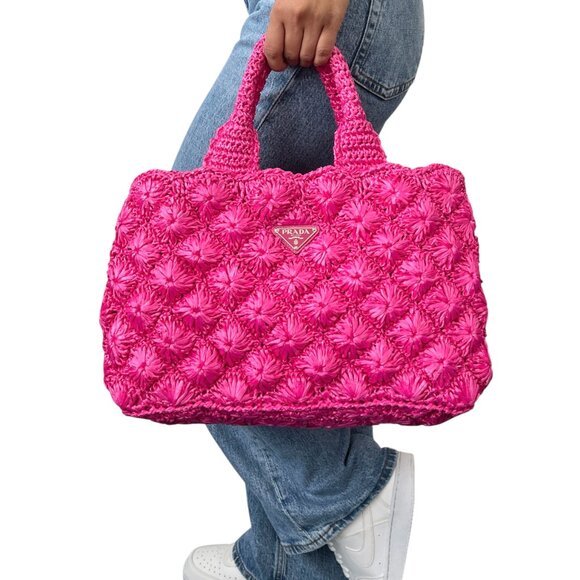 PRADA Vintage Triangle Logo Canapa Tote Bag Handbag Pink Raffia [106407] - Picture 3 of 16